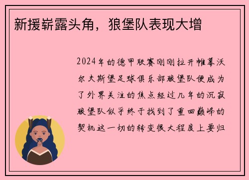 新援崭露头角，狼堡队表现大增